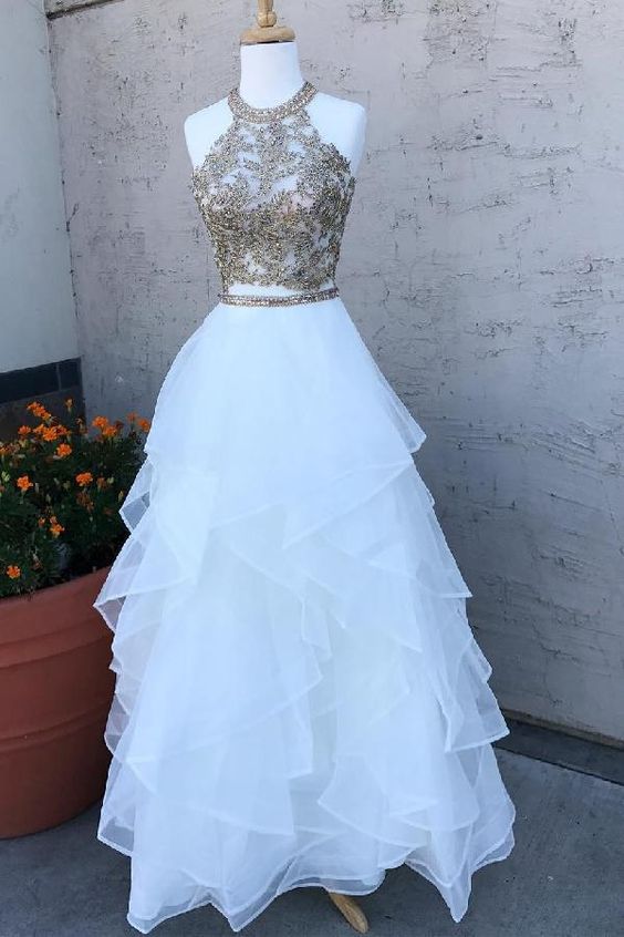 Comfortable Prom Dresses 2019, Sparkly Sequins Two Piece White Long Prom Dress cg835