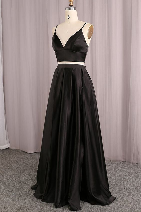 Sexy Black Two Piece Straps Fashionable Prom Dress, Black Evening Dress  cg8368