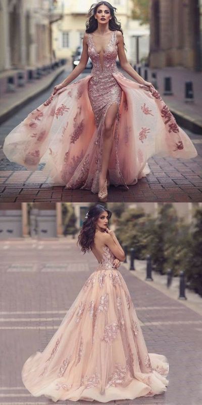 A-Line Round Neck Sweep Train Pink Tulle Prom Dress with Lace Appliques cg837