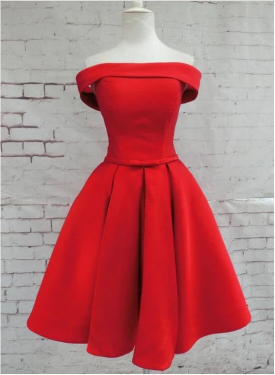 Beautiful Red Satin Short Party Dress, Red Off Shoulder Homecoming Dress  cg8386