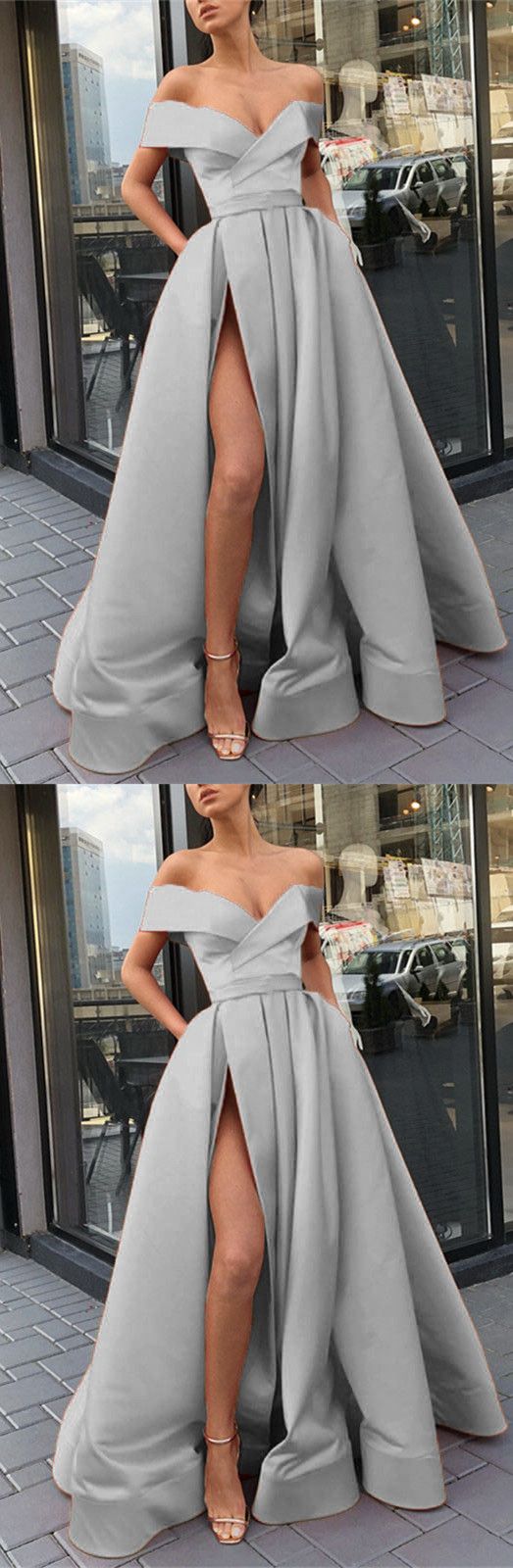 Long Silver Satin Split Evening Dresses Off The Shoulder Prom Dress  cg8400