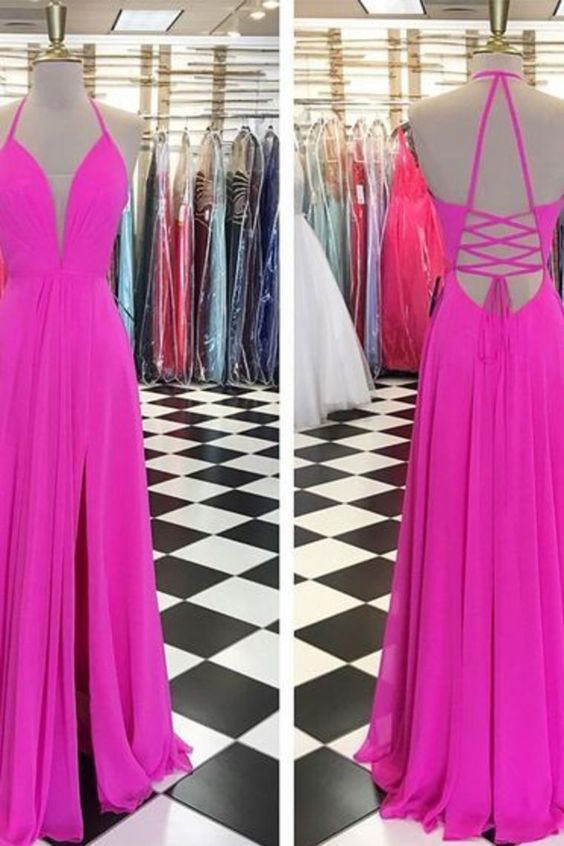 Simple Style A Line Halter Neck Chiffon Prom Dresses Floor Length With Slit  cg8485