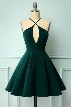 Dark Green Simple Halter Backless Short Homecoming Dress with Keyhole  cg8490