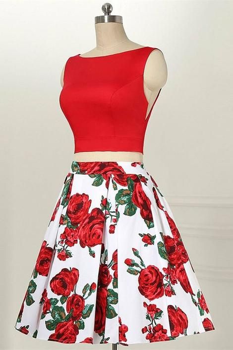 Two Piece Bateau Sleeveless Red Printed Satin Homecoming Dress  cg8493