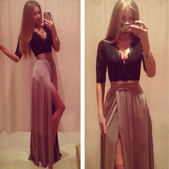 V Neck Prom Dress,Long Sleeve Prom Dress,Prom Dress With Slit,Chiffon Prom Dress  cg8738