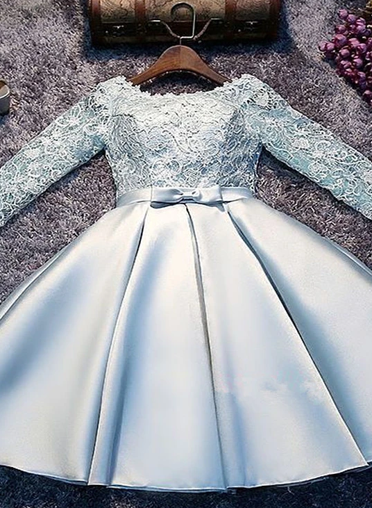 Light Blue Satin And Lace Long Sleeves Party Dress, Cute Short Graduation homecoming Dress  cg8766