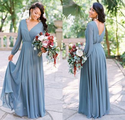 Long Sleeves Dusty Blue Chiffon Long Party prom Dress  cg8805