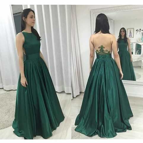 Elegant Satin Green Prom Dress Long Sheer Back   cg8846