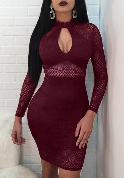 Burgundy Lace Cut Out Sheer Bodycon Clubwear Party Midi homecoming Dress cg891