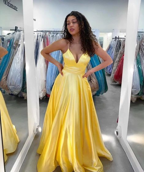 Empire V Neck Yellow Satin Long Prom Dress  cg8940