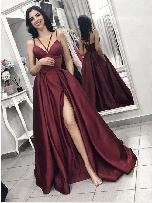 A-Line Spaghetti Straps Sweep Train Burgundy Satin Prom Dress with Pockets Split   cg8982