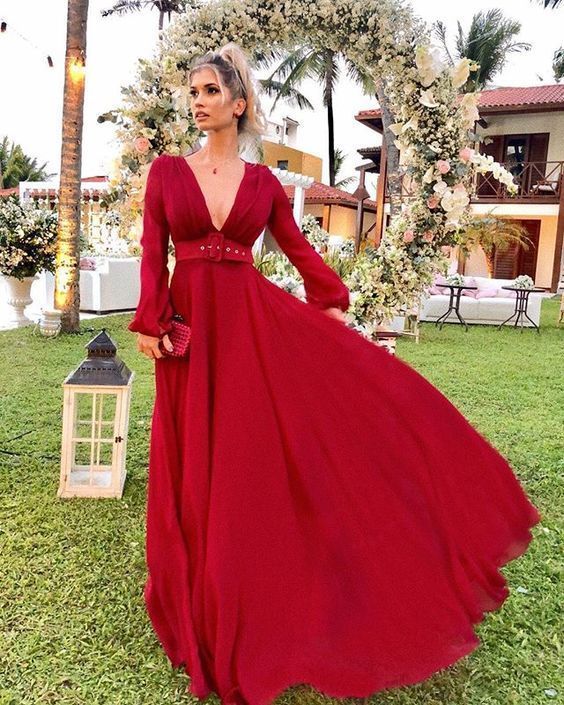 V Neck Long Sleeves Prom Dresses   cg9033