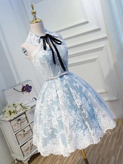 Collar Neck Light Blue Lace Homecoming Dresses  cg9047