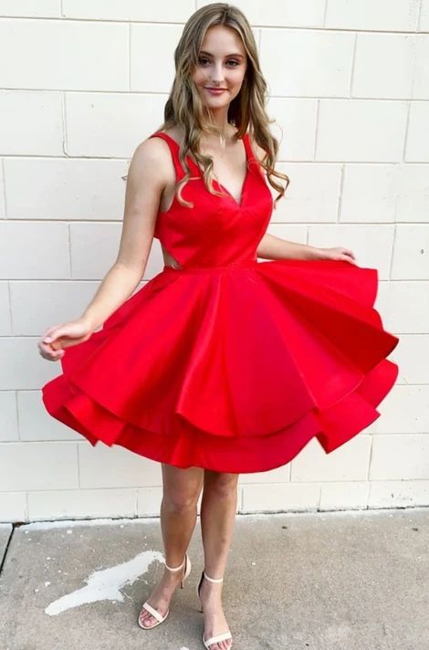 Simple red v neck satin short dress red homecoming dress  cg9077