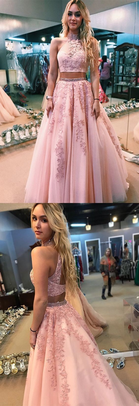 Two Piece High Neck Open Back Long Coral Prom Dress with Appliques cg908