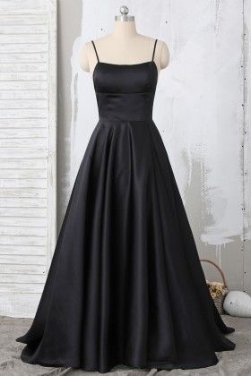 Sexy Black Spaghetti Strap Straight Across Satin Prom Dress  cg9189