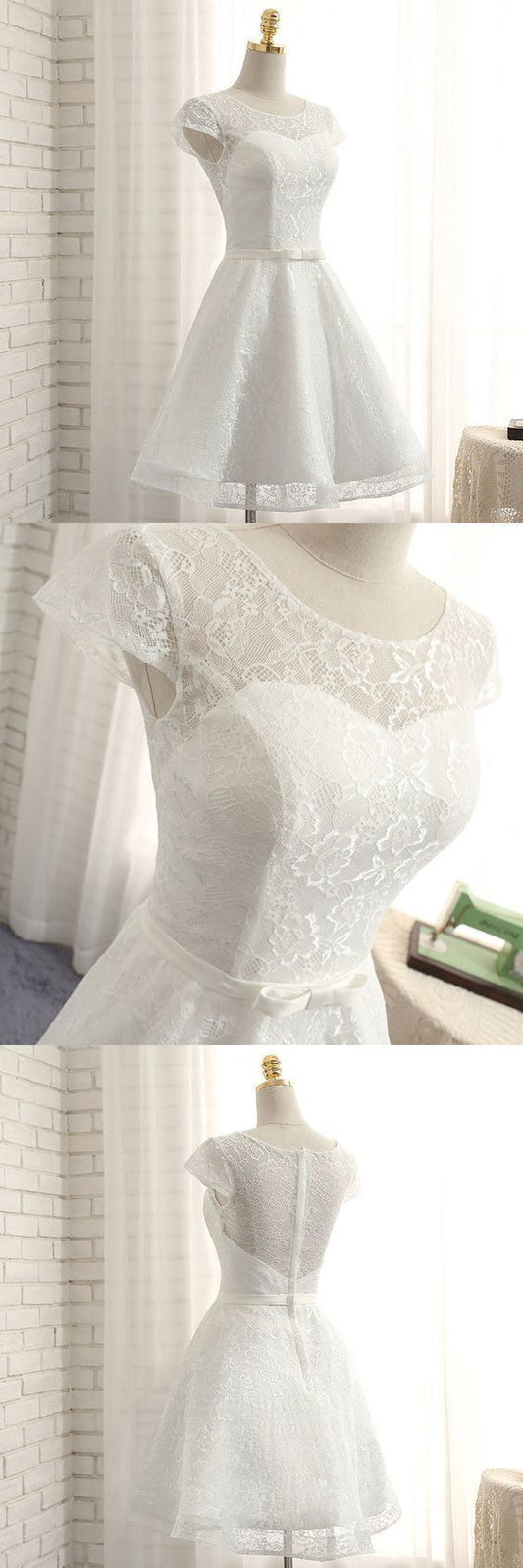 Cute a line white lace short dress, homecoming dresses   cg9220