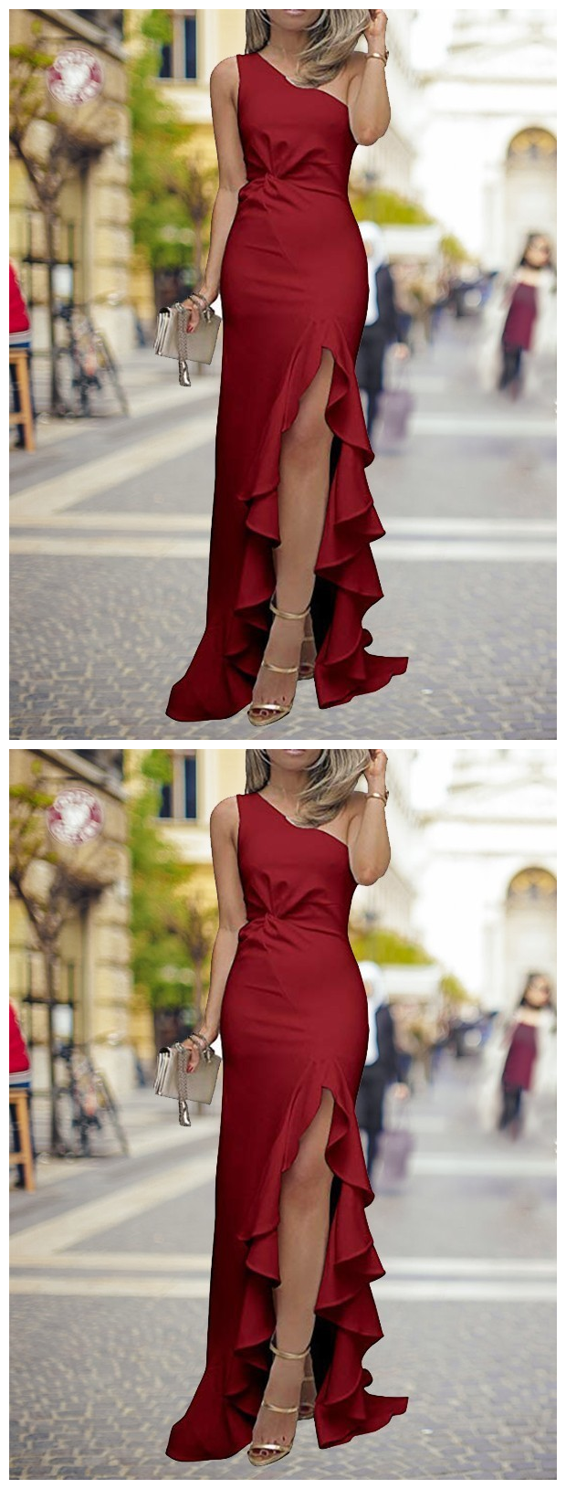 Sheath/Column One-Shoulder Sweep/Brush Train Ruffles prom dress  cg9296