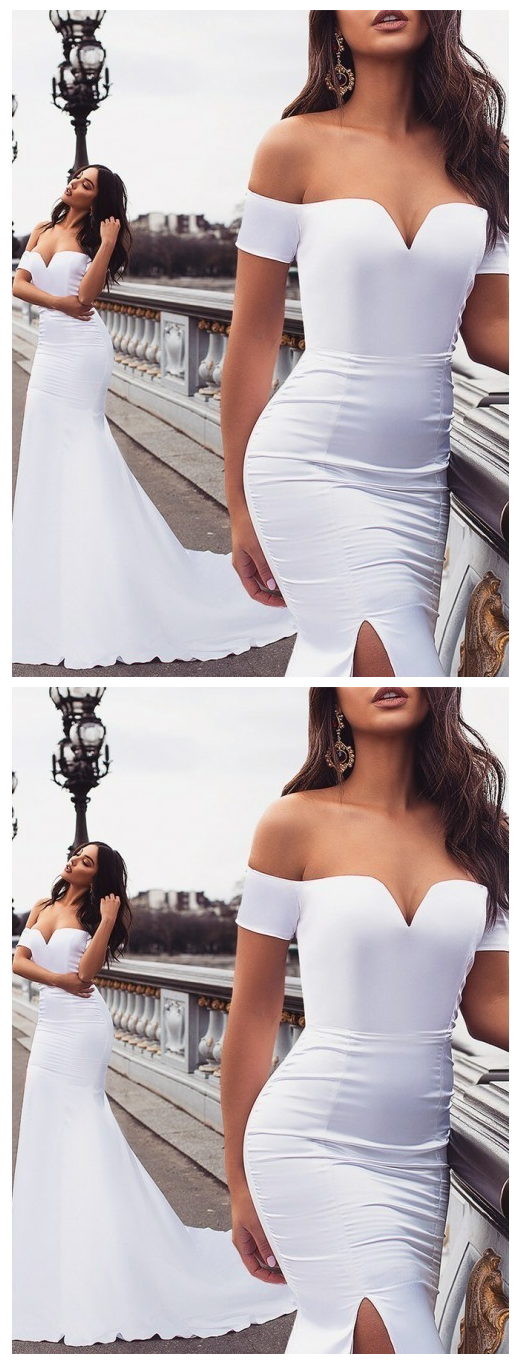 Simple Mermaid Off Shoulder White Sweep Train Split Prom Evening dress   cg9300