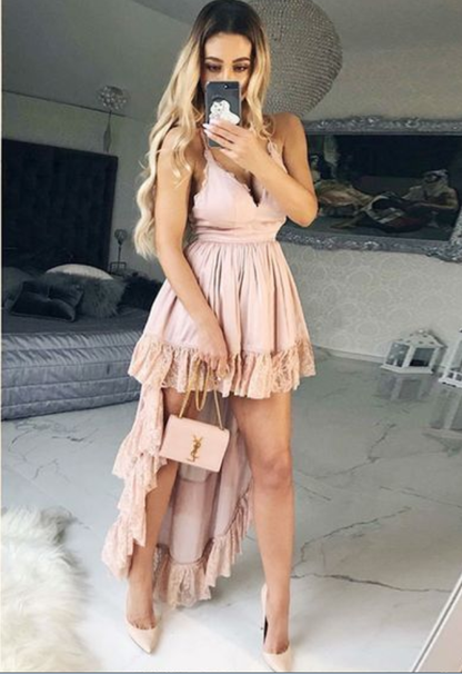 A-Line Spaghetti Straps High Low Blush Homecoming Dress with Lace cg932