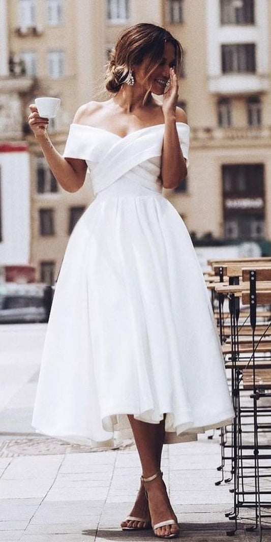 A Line Tea Length Prom Dresses White Wedding Guest Dress  cg9386