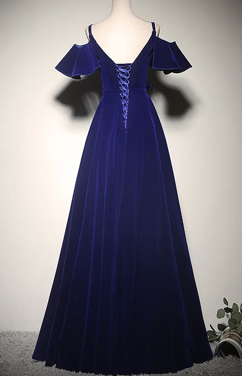 Elegant Blue Velvet Straps Long Party Dress, Long Evening Party prom Dress   cg9403