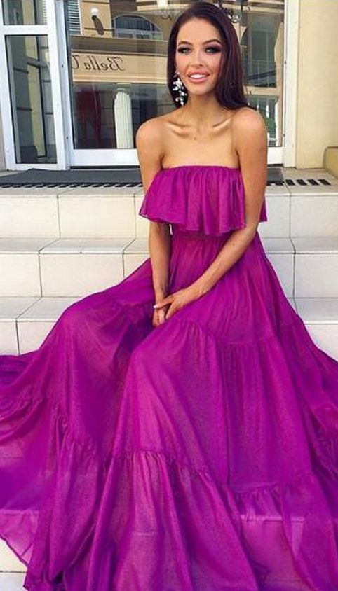 Elegant Formal Dress Evening Dress A-line Fuchsia Strapless Chiffon Long Evening Dresses Prom Dress  cg9490