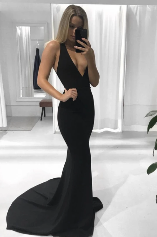 Mermaid v neck prom dress black evening dress   cg9499