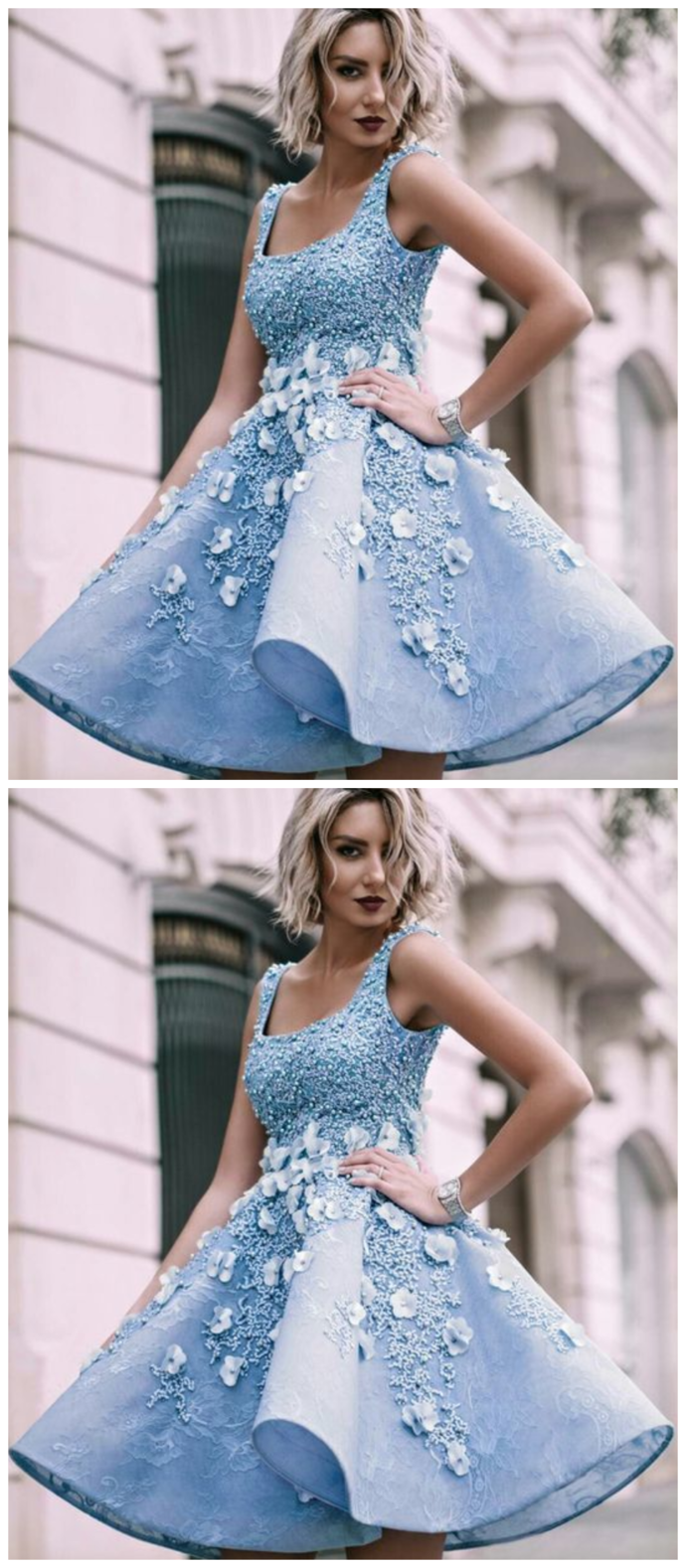 Sky Blue Beaded Appliques Handmade Flowers Stunning Homecoming Dresses cg954