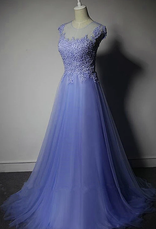 Cute Purple Tulle A-Line Bridesmaid Dress, Lace Applique Prom Dress  cg9578