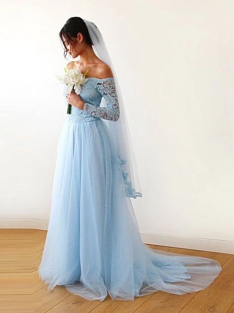 Light Blue prom dress, Off Shoulder Wedding dress   cg8622