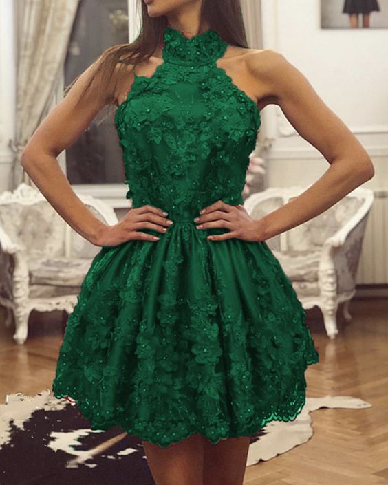 Short Green halter lace homecoming dresses   cg9743