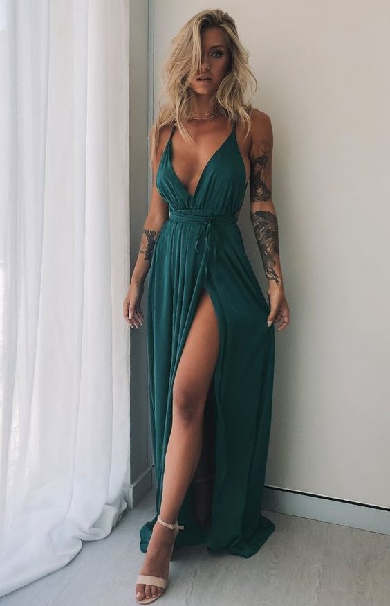 sexy v neck prom dress with slit   cg9758