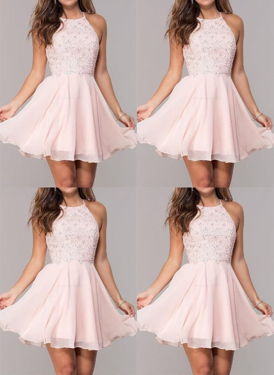 Light Pink Homecoming Dresses,Chiffon Short Homecoming Dresses,Beaded Halter Homecoming Dresses   cg9780