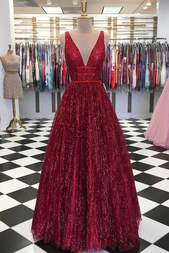 Stunning Red V Neck Sleeveless Prom Dresses Floor Length A Line Formal Party Dress cg980