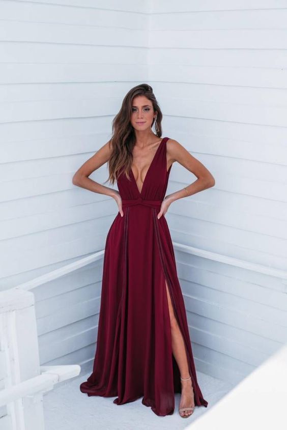 Deep v neck long prom dress with split   cg9804