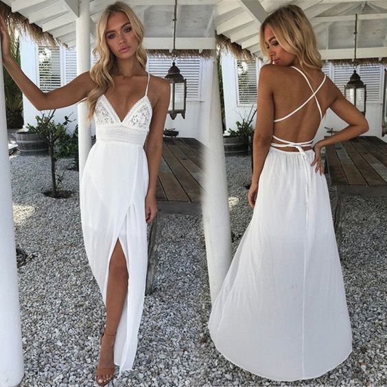 Floral White V-neckline Boho prom Dress   cg9874