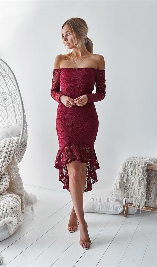 fashion off the shoulder homecoming dress, elegant burgundy lace short party dress   cg9886