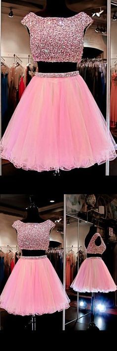 Cute Jewel Two Pieces Beading Pink Homecoming Dress   cg9897