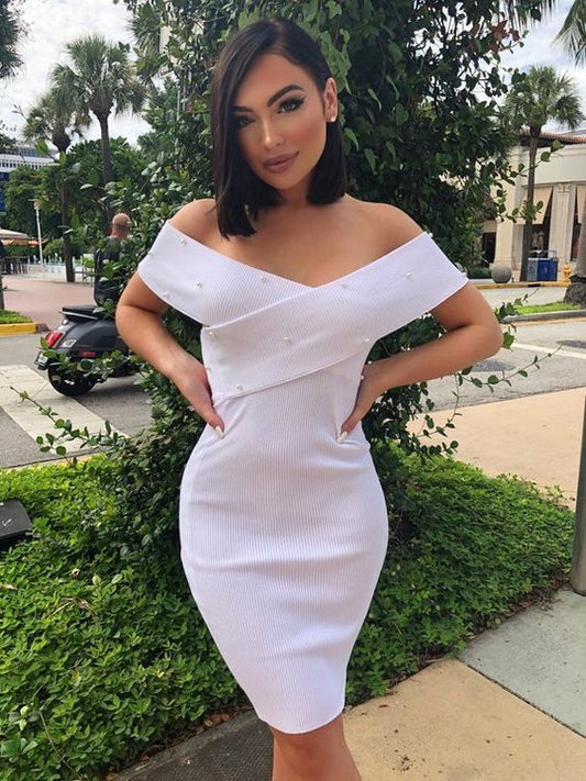 Ivory Pearl Off Shoulder Bodycon homecoming Dress cg9972