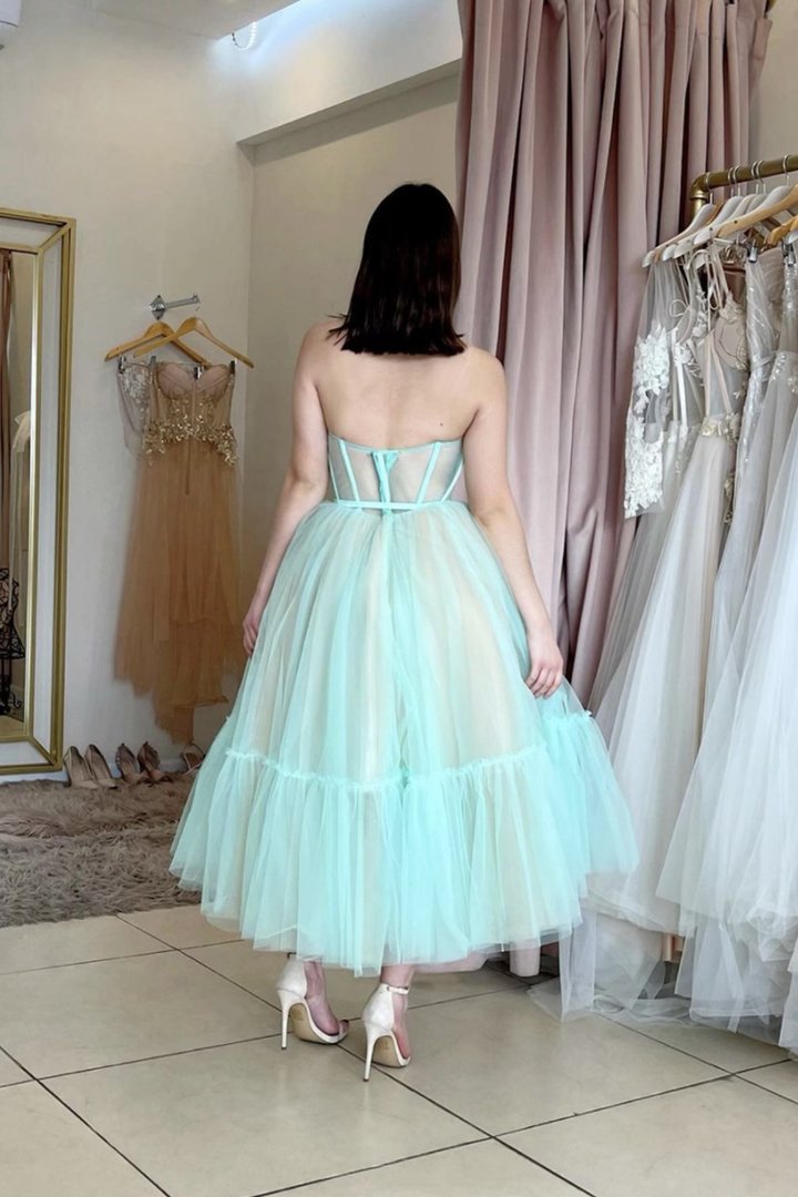 Blue tulle short A line prom dress    nv06